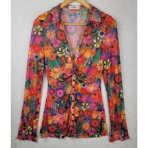 Sz M Mesh Knit Top V Neck Button Long Sleeve Colorful Floral Blouse Y2K Retro